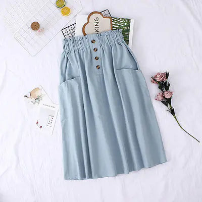 Elegant Cotton Midi Skirt – Loose Fit with Pockets