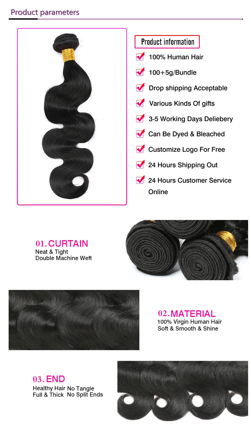 3 PCS Body Wave Bundles 100% Unprocessed Virgin Hair Brazilian Weaving Human Hair Bundles Natural Color Remy Hair Extensions
