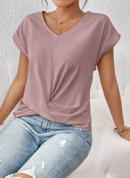 Women’s Casual Knot T-Shirt – Short Sleeve Irregular Hem, Soft & Stylish