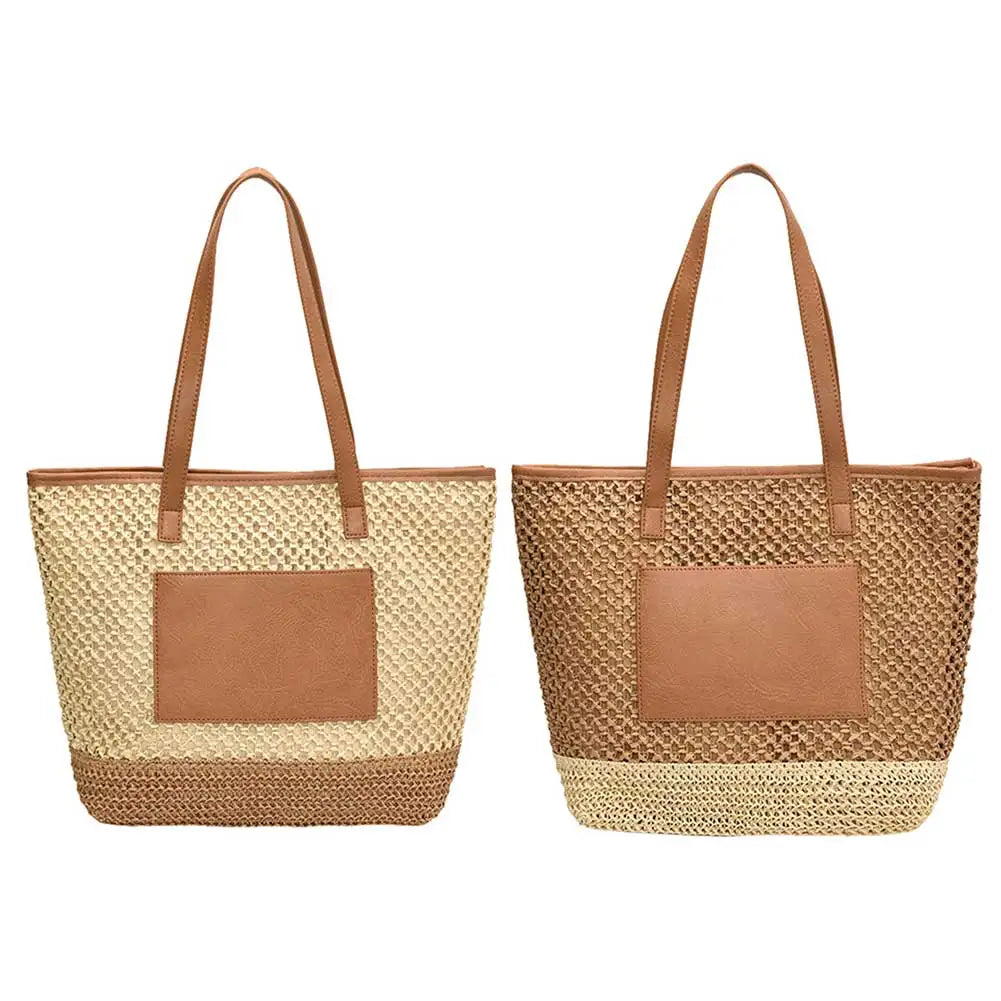 Women Straw Crochet Beach Handbag PU Patchwork Simple Shoulder Bag Contrast Color Minimalist Tote Bag Ladies Summer Bag