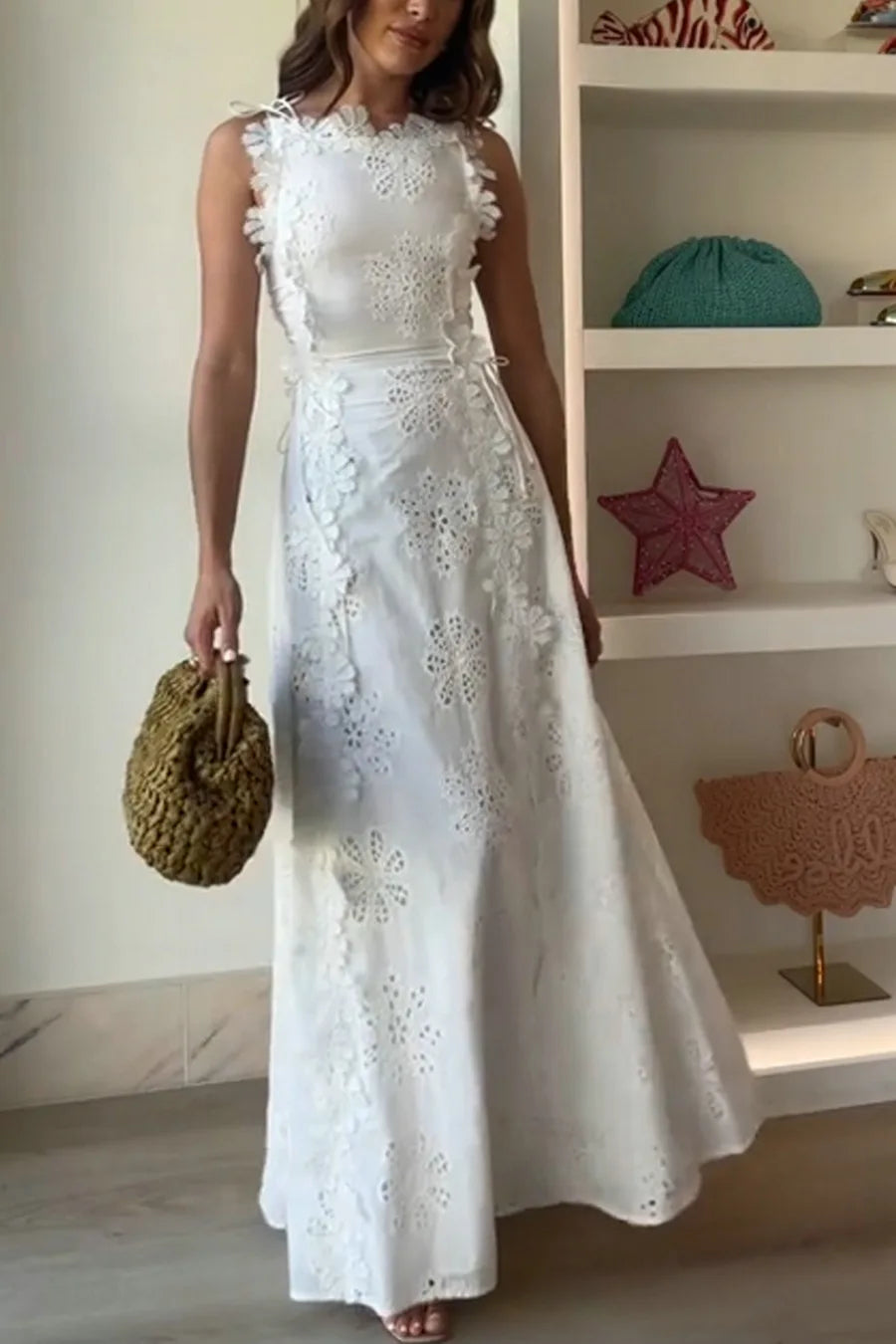 Summer Lace Hook Flower Hollow White Dress Women Chic O-neck Sleeveless Lace-up Midi Dress Ladies Elegant Vacation Party Dress