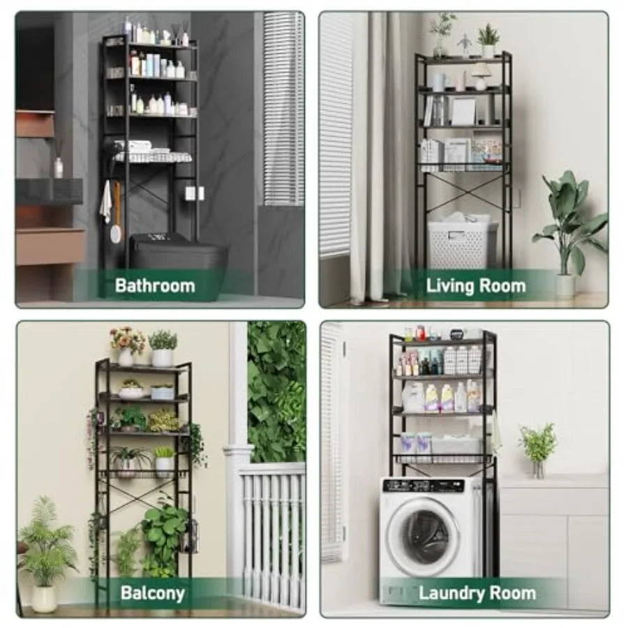 OverTheToilet Storage Rack 4 Tier Bathroom Organizer Shelf with Adjustable Basket Freestanding Shelves with Hair Dryer Holder H