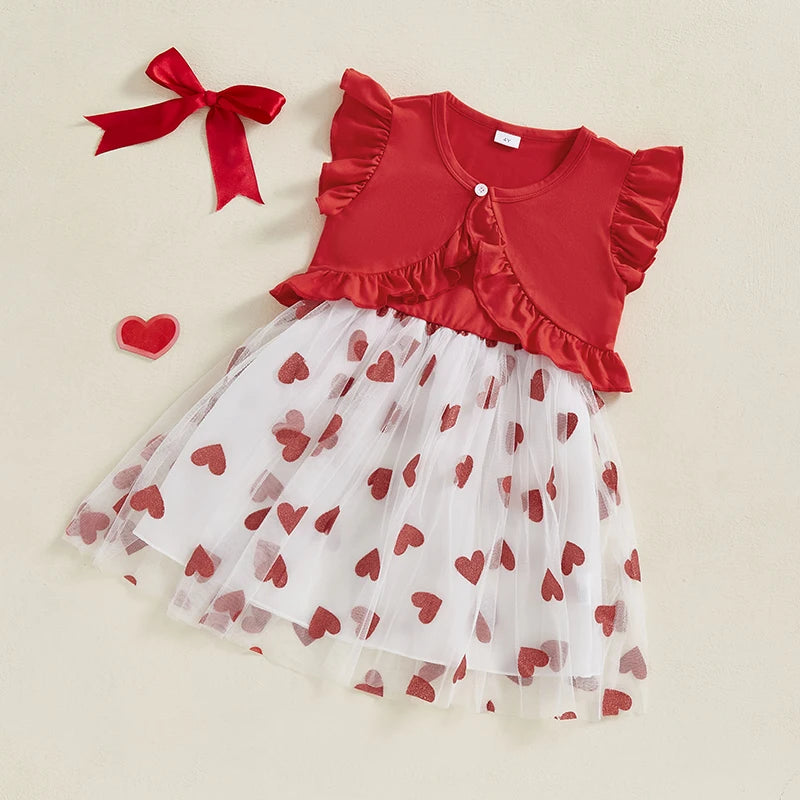 Toddler Girl Valentine s Day Outfit Heart Print Ruffle Sleeve Top with Tulle Patchwork Skirt and Matching Bow Headband