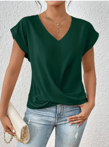 Women’s Casual Knot T-Shirt – Short Sleeve Irregular Hem, Soft & Stylish