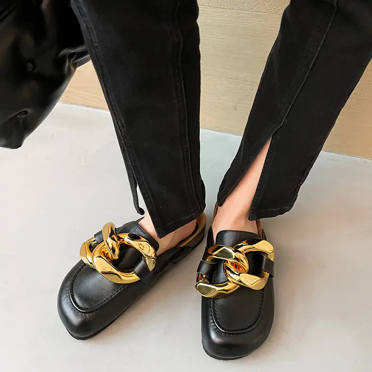 LuxeCharm™ Women’s Chain Loafers – Flat Slip-On Cowhide Shoes