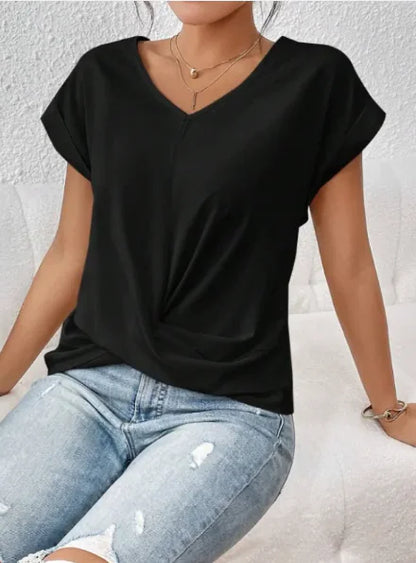 Women’s Casual Knot T-Shirt – Short Sleeve Irregular Hem, Soft & Stylish