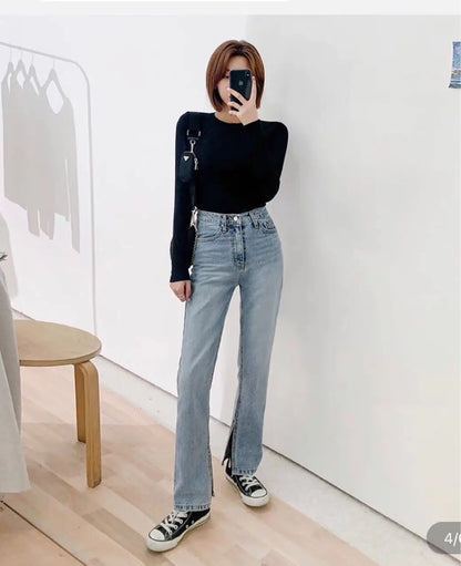 Women’s High-Waisted Straight-Leg Jeans – Trendy Side Slit Denim