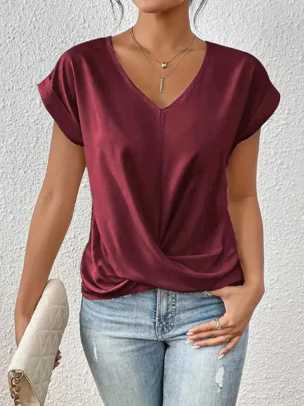 Women’s Casual Knot T-Shirt – Short Sleeve Irregular Hem, Soft & Stylish