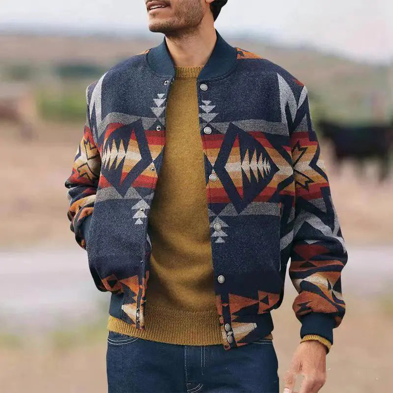 Men’s Geometric Pattern Jacket – Stand Collar Streetwear Cardigan