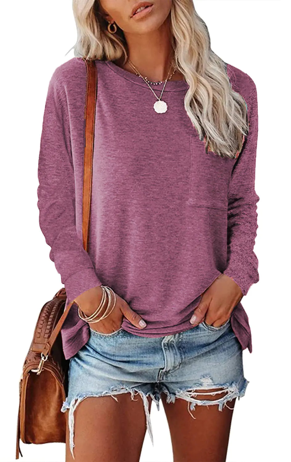 Women’s Off-Shoulder Long Sleeve Pocket Tee – Soft & Stylish Casual Top