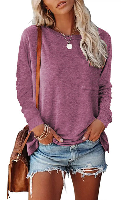 Women’s Off-Shoulder Long Sleeve Pocket Tee – Soft & Stylish Casual Top