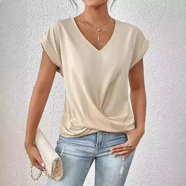 Women’s Casual Knot T-Shirt – Short Sleeve Irregular Hem, Soft & Stylish