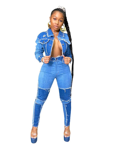 2-Piece Retro Denim Patchwork Outfit – Stylish Crop Top & High-Waist Jeans