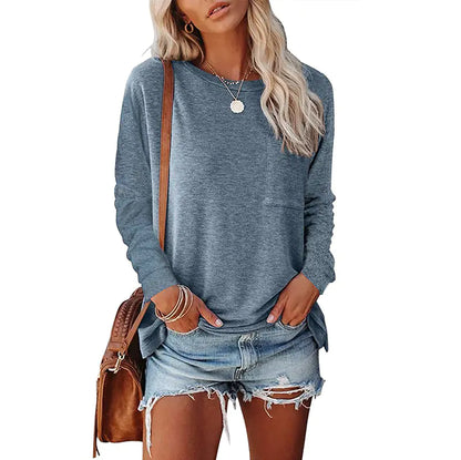 Women’s Off-Shoulder Long Sleeve Pocket Tee – Soft & Stylish Casual Top