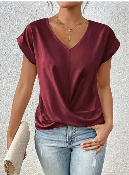 Women’s Casual Knot T-Shirt – Short Sleeve Irregular Hem, Soft & Stylish