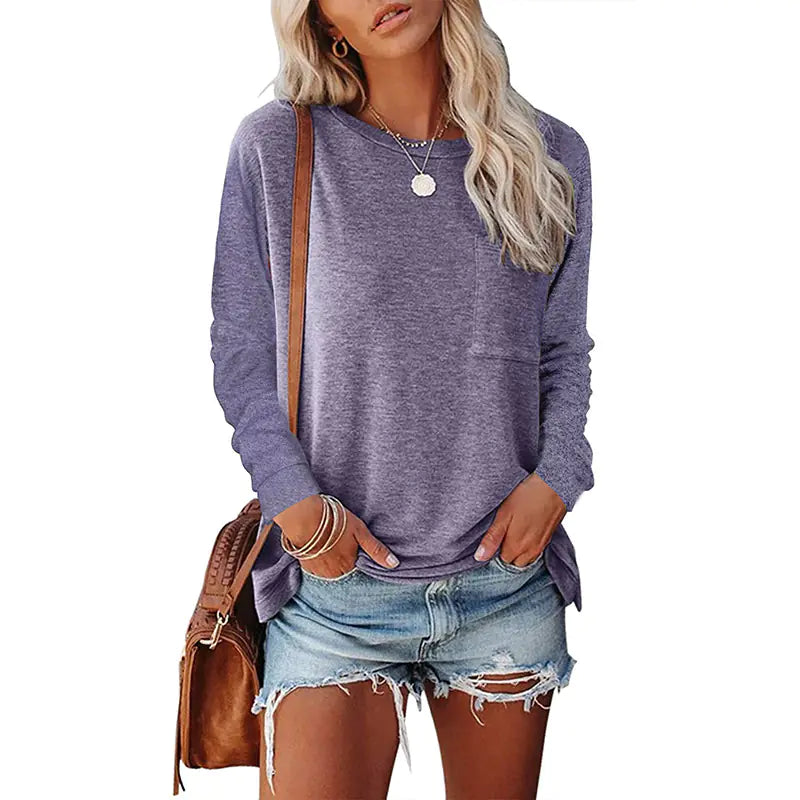 Women’s Off-Shoulder Long Sleeve Pocket Tee – Soft & Stylish Casual Top