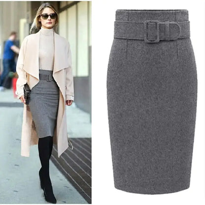 Women's High Waist Wool Midi Skirt – Elegant Winter Pencil Skirt
