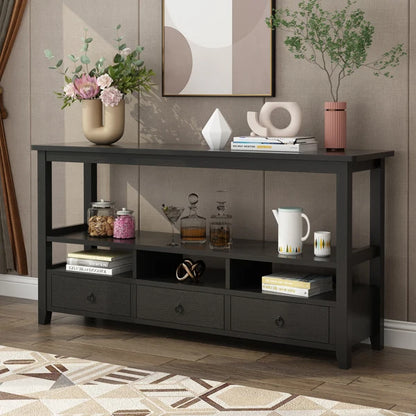 3 Tier Vintage Solid Console Table with 3 Drawers and Shelves, Industrial Console Table Coffee Table