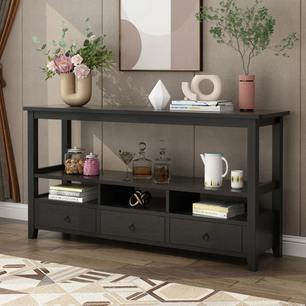3 Tier Vintage Solid Console Table with 3 Drawers and Shelves, Industrial Console Table Coffee Table
