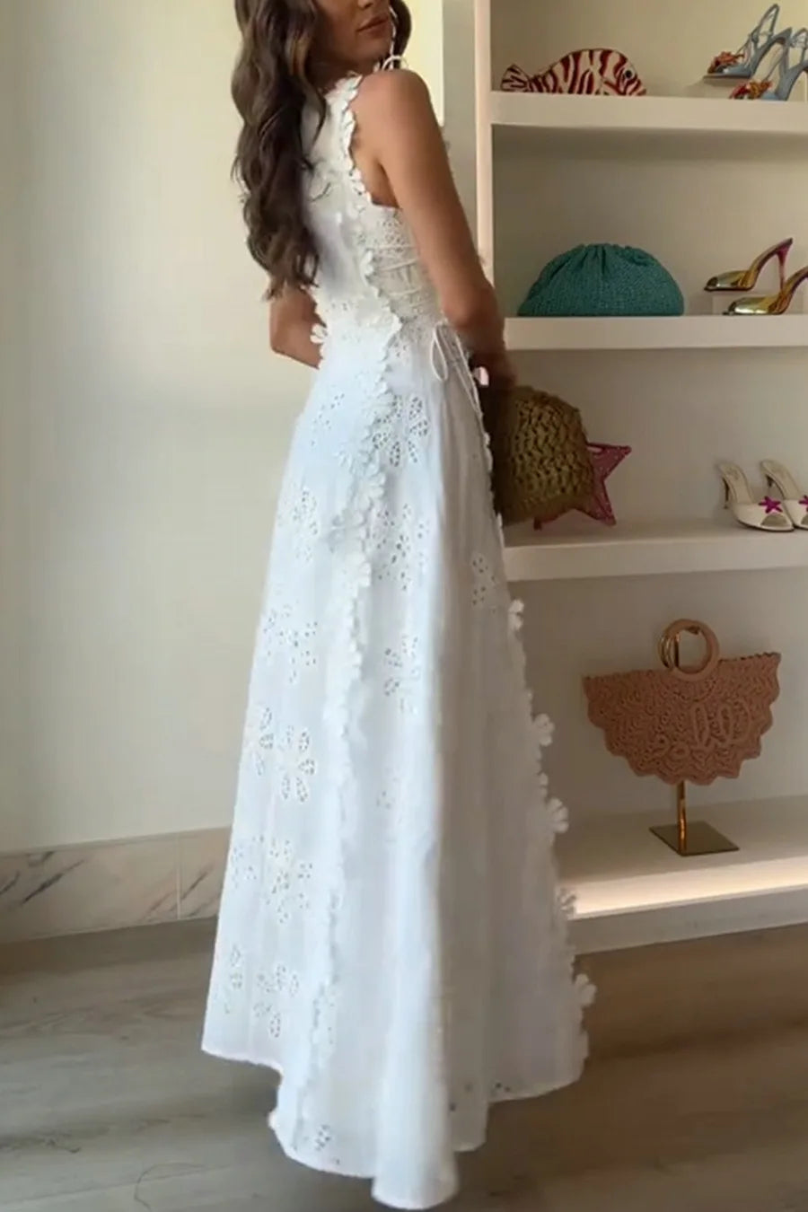2025 Summer New Fashion Lace Embroidery Women Strap Resort Slimming Long Dress Simple Solid Color Female Banquet Dresses