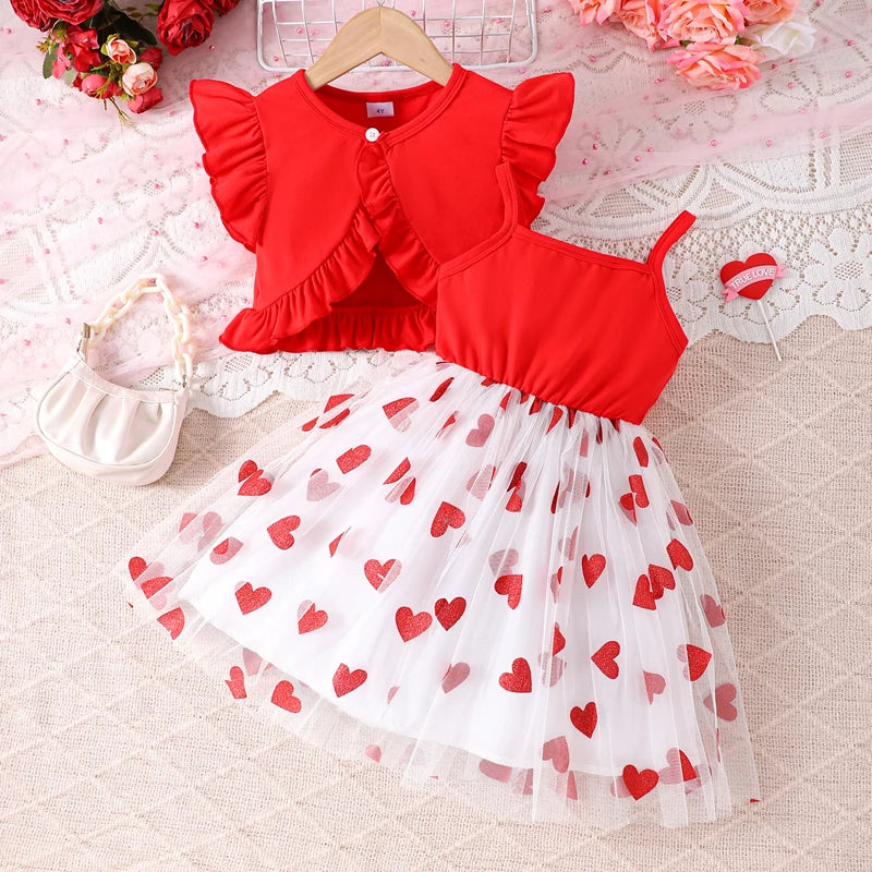 Toddler Girl Valentine s Day Outfit Heart Print Ruffle Sleeve Top with Tulle Patchwork Skirt and Matching Bow Headband