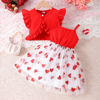 Toddler Girl Valentine s Day Outfit Heart Print Ruffle Sleeve Top with Tulle Patchwork Skirt and Matching Bow Headband