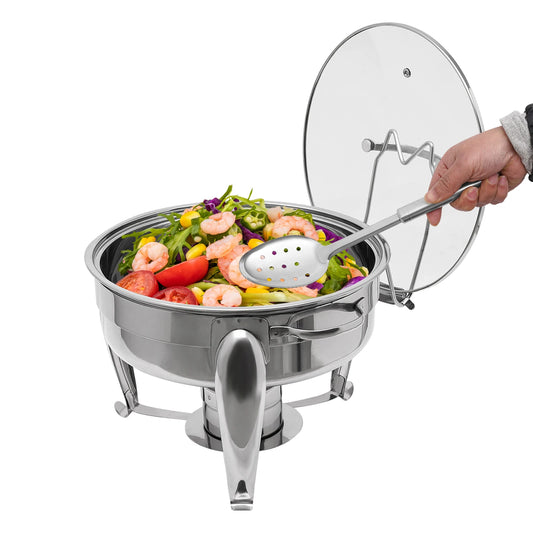 Round Alcohol-Heated Chafing Dish with Glass Lid, 6L Capacity, Stainless Steel, Ideal for Parties and Family Gatherings