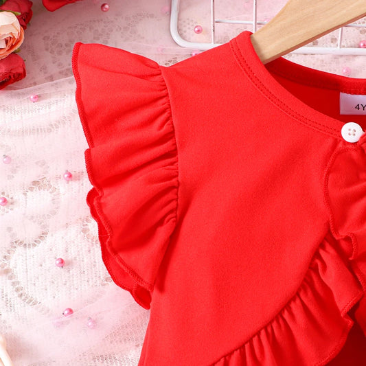 Toddler Girl Valentine s Day Outfit Heart Print Ruffle Sleeve Top with Tulle Patchwork Skirt and Matching Bow Headband