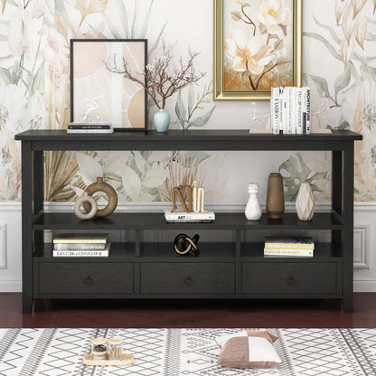 3 Tier Vintage Solid Console Table with 3 Drawers and Shelves, Industrial Console Table Coffee Table