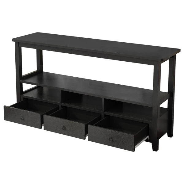 3 Tier Vintage Solid Console Table with 3 Drawers and Shelves, Industrial Console Table Coffee Table