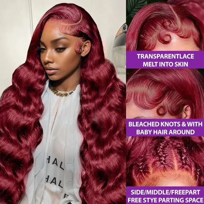 200 Density 13x6 Hd Lace Front Human Hair Wig 99J Burgundy Preplucked Hd Transparent 13x4 Body Wave Human Hair Lace Frontal Wigs