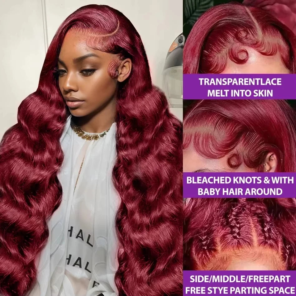 200 Density 13x6 Hd Lace Front Human Hair Wig 99J Burgundy Preplucked Hd Transparent 13x4 Body Wave Human Hair Lace Frontal Wigs