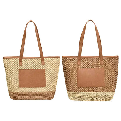 Women Straw Crochet Beach Handbag PU Patchwork Simple Shoulder Bag Contrast Color Minimalist Tote Bag Ladies Summer Bag