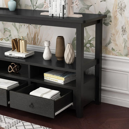 3 Tier Vintage Solid Console Table with 3 Drawers and Shelves, Industrial Console Table Coffee Table