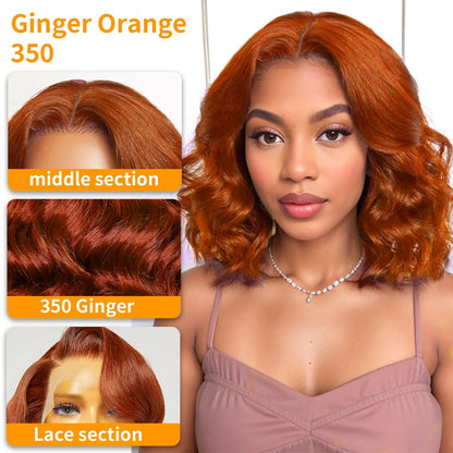 Ginger Orange 13x4 Body Wave 200 Density Short Bob Frontal Wig Brazilian Virgin Hair HD Transparent Lace wig Pre plucked Wigs