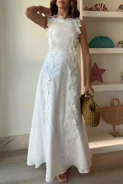 2025 Summer New Fashion Lace Embroidery Women Strap Resort Slimming Long Dress Simple Solid Color Female Banquet Dresses