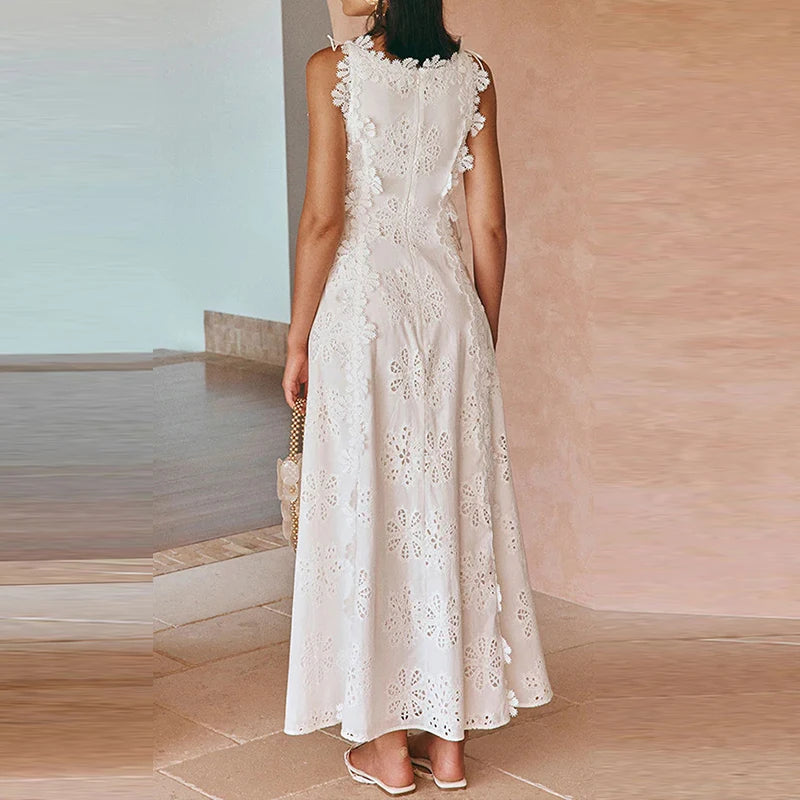 Women Sexy Lace Jacquard Slim Fit Party Dress Fashion Lace Up Solid Long Dresses Elegant O Neck Sleeveless Hollow Banquet Dress