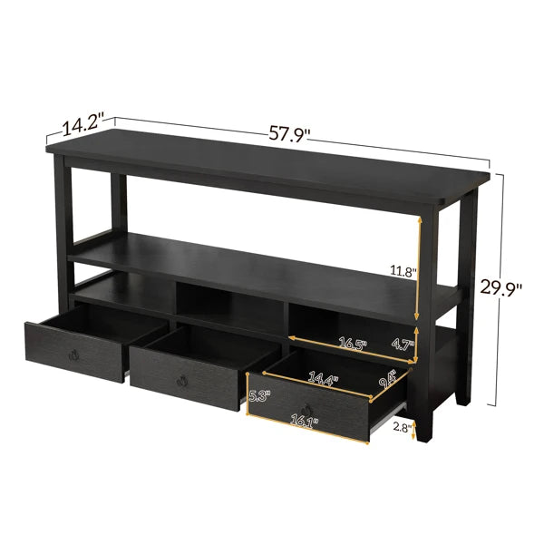 3 Tier Vintage Solid Console Table with 3 Drawers and Shelves, Industrial Console Table Coffee Table