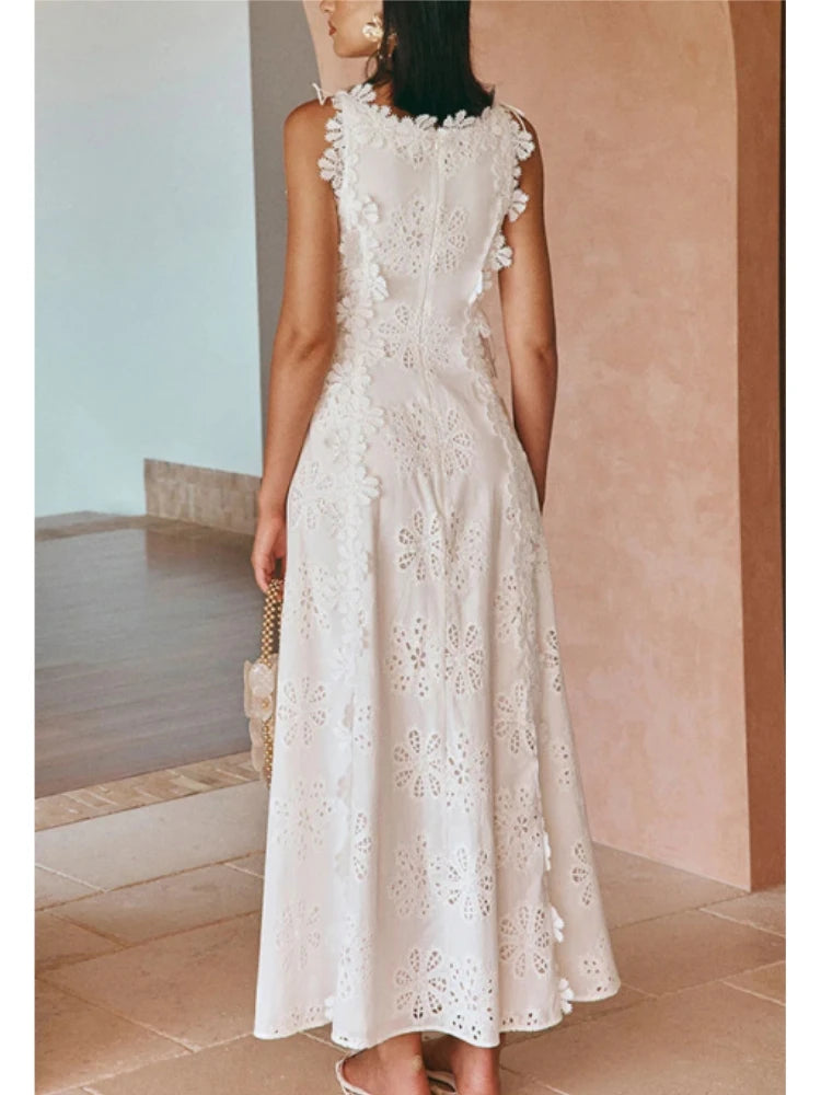Summer Lace Hook Flower Hollow White Dress Women Chic O-neck Sleeveless Lace-up Midi Dress Ladies Elegant Vacation Party Dress