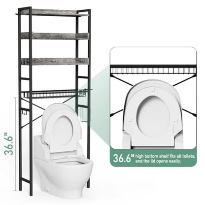 OverTheToilet Storage Rack 4 Tier Bathroom Organizer Shelf with Adjustable Basket Freestanding Shelves with Hair Dryer Holder H