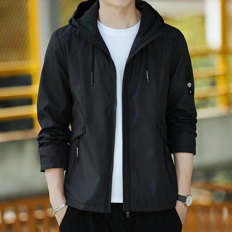Men's Waterproof Military Jacket Hooded Windbreaker Casual Outdoor Camping Sports Coat Thin Zipper Closure Regular Fit
