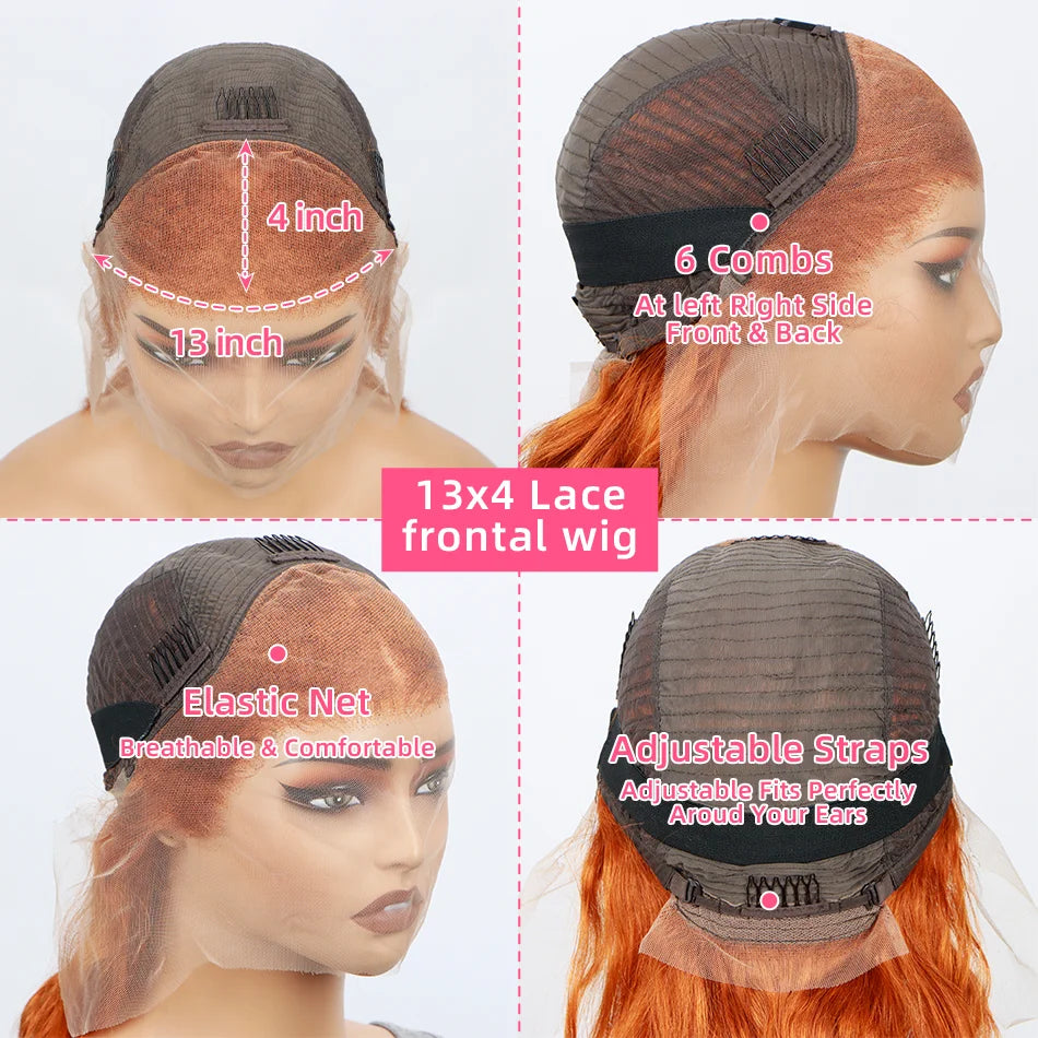 Ginger Orange 13x4 Body Wave 200 Density Short Bob Frontal Wig Brazilian Virgin Hair HD Transparent Lace wig Pre plucked Wigs