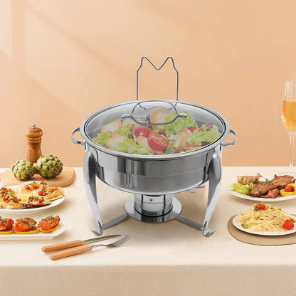 Round Alcohol-Heated Chafing Dish with Glass Lid, 6L Capacity, Stainless Steel, Ideal for Parties and Family Gatherings