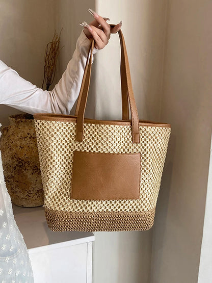 Women Straw Crochet Beach Handbag PU Patchwork Simple Shoulder Bag Contrast Color Minimalist Tote Bag Ladies Summer Bag