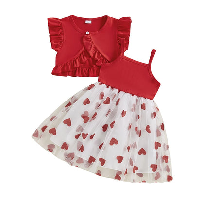 Toddler Girl Valentine s Day Outfit Heart Print Ruffle Sleeve Top with Tulle Patchwork Skirt and Matching Bow Headband