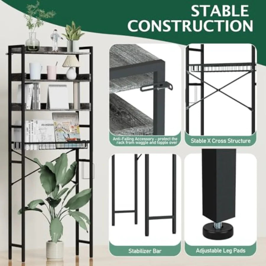 OverTheToilet Storage Rack 4 Tier Bathroom Organizer Shelf with Adjustable Basket Freestanding Shelves with Hair Dryer Holder H