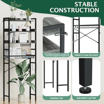 OverTheToilet Storage Rack 4 Tier Bathroom Organizer Shelf with Adjustable Basket Freestanding Shelves with Hair Dryer Holder H