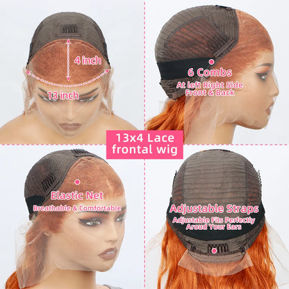 Ginger Orange 13x4 Body Wave 200 Density Short Bob Frontal Wig Brazilian Virgin Hair HD Transparent Lace wig Pre plucked Wigs