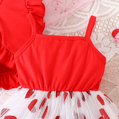 Toddler Girl Valentine s Day Outfit Heart Print Ruffle Sleeve Top with Tulle Patchwork Skirt and Matching Bow Headband
