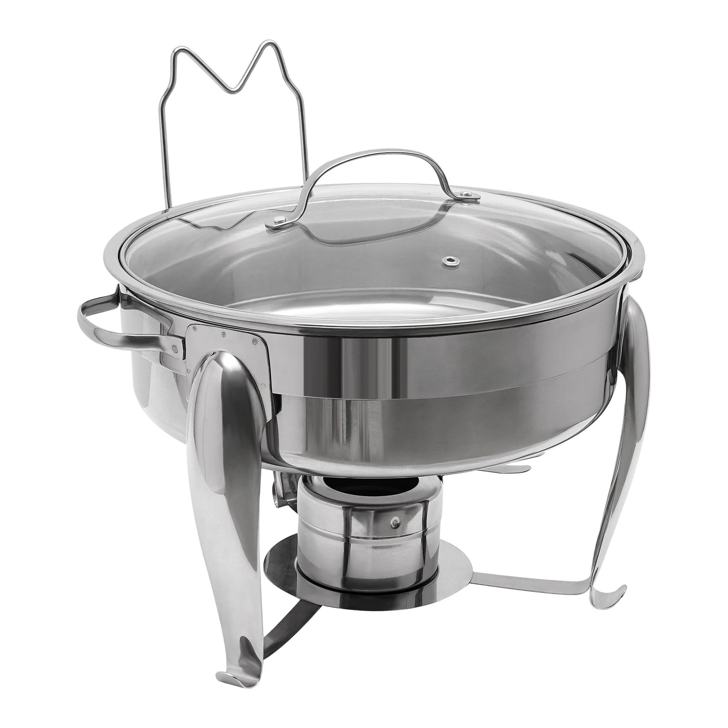 Round Alcohol-Heated Chafing Dish with Glass Lid, 6L Capacity, Stainless Steel, Ideal for Parties and Family Gatherings